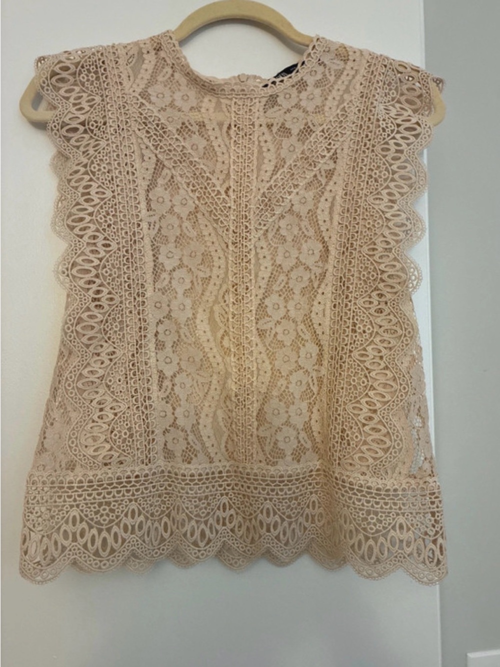 Zara Scalloped Lace Cap-Sleeve Blouse - Beige